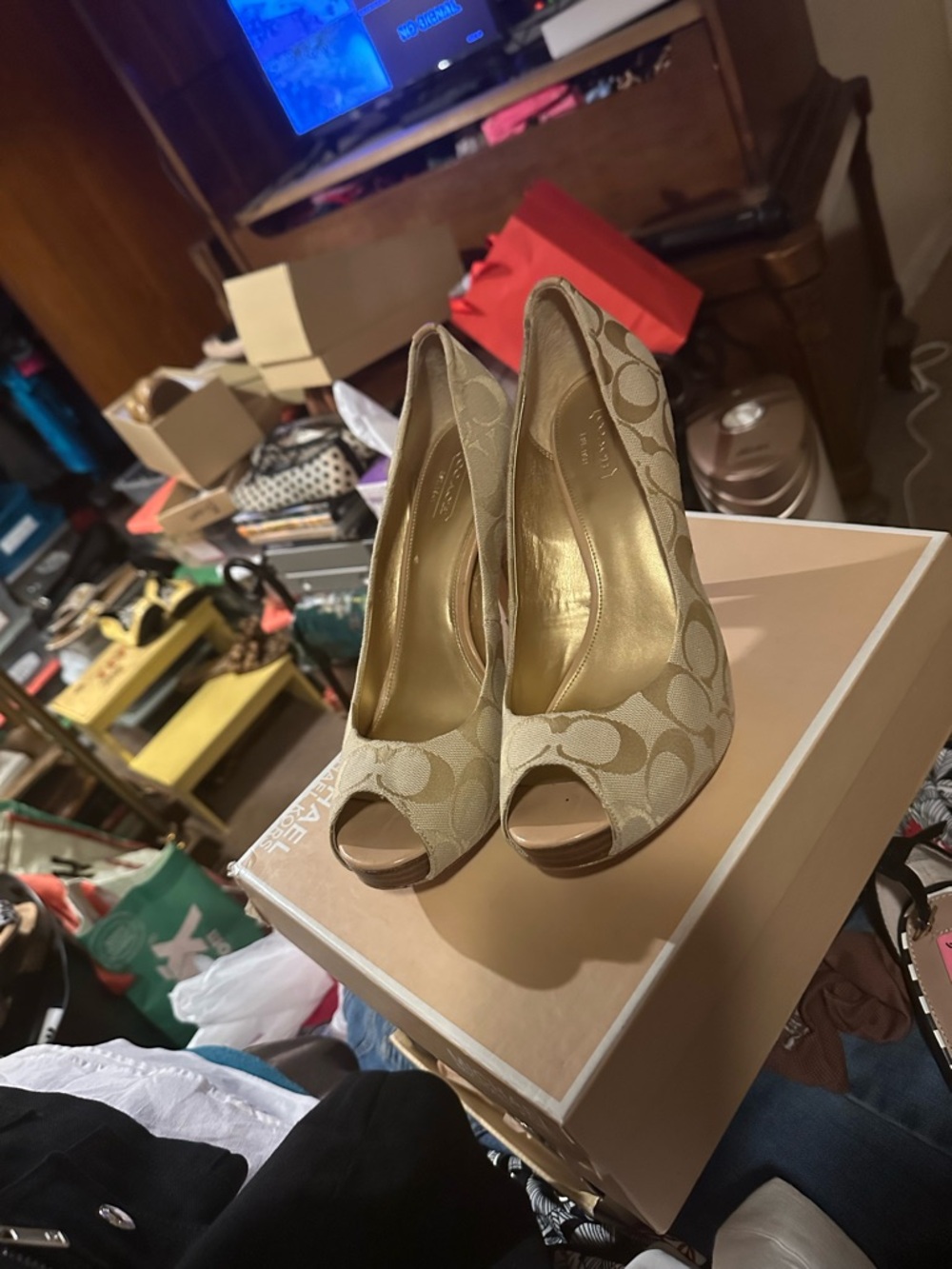 Coach Beige Signature Peep-Toe Heels with Logo Jacquard - Picture 2 of 2